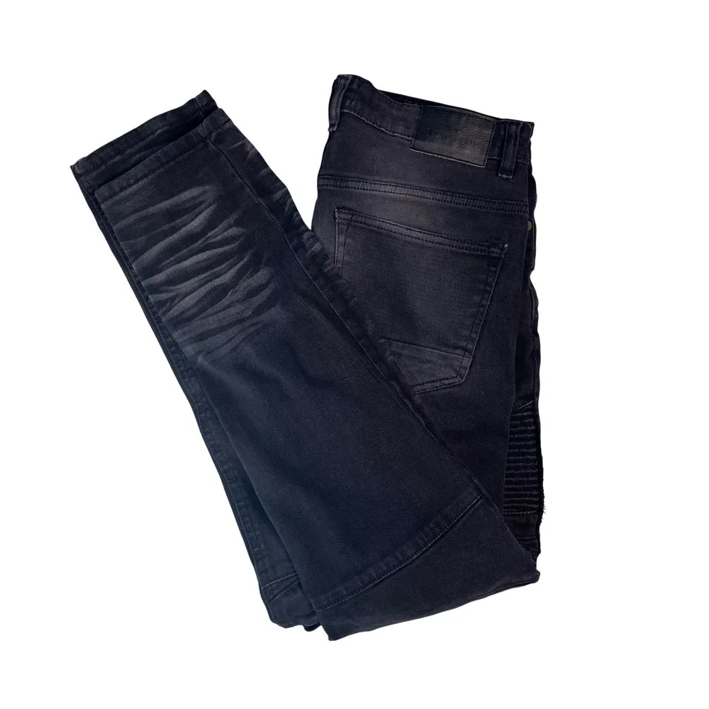 Mad Blue Mens Moto Biker Skinny Jeans Black Faded Ribbed Knee 32x33